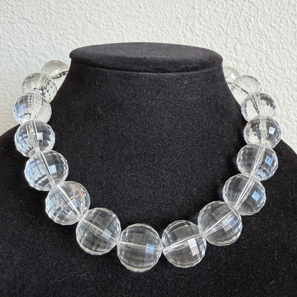 Vintage Chunky Faceted Clear Beaded Acrylic Lucite Statement Necklace Gold Tone